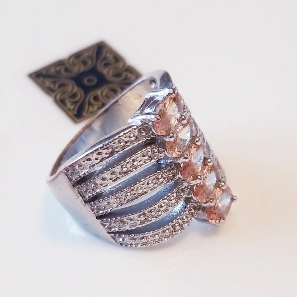 Vintage Oval Morganite Sterling Silver Stacked Ring SZ 8